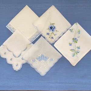 (5) Vintage Embroidered Blue Floral Handkerchief Set